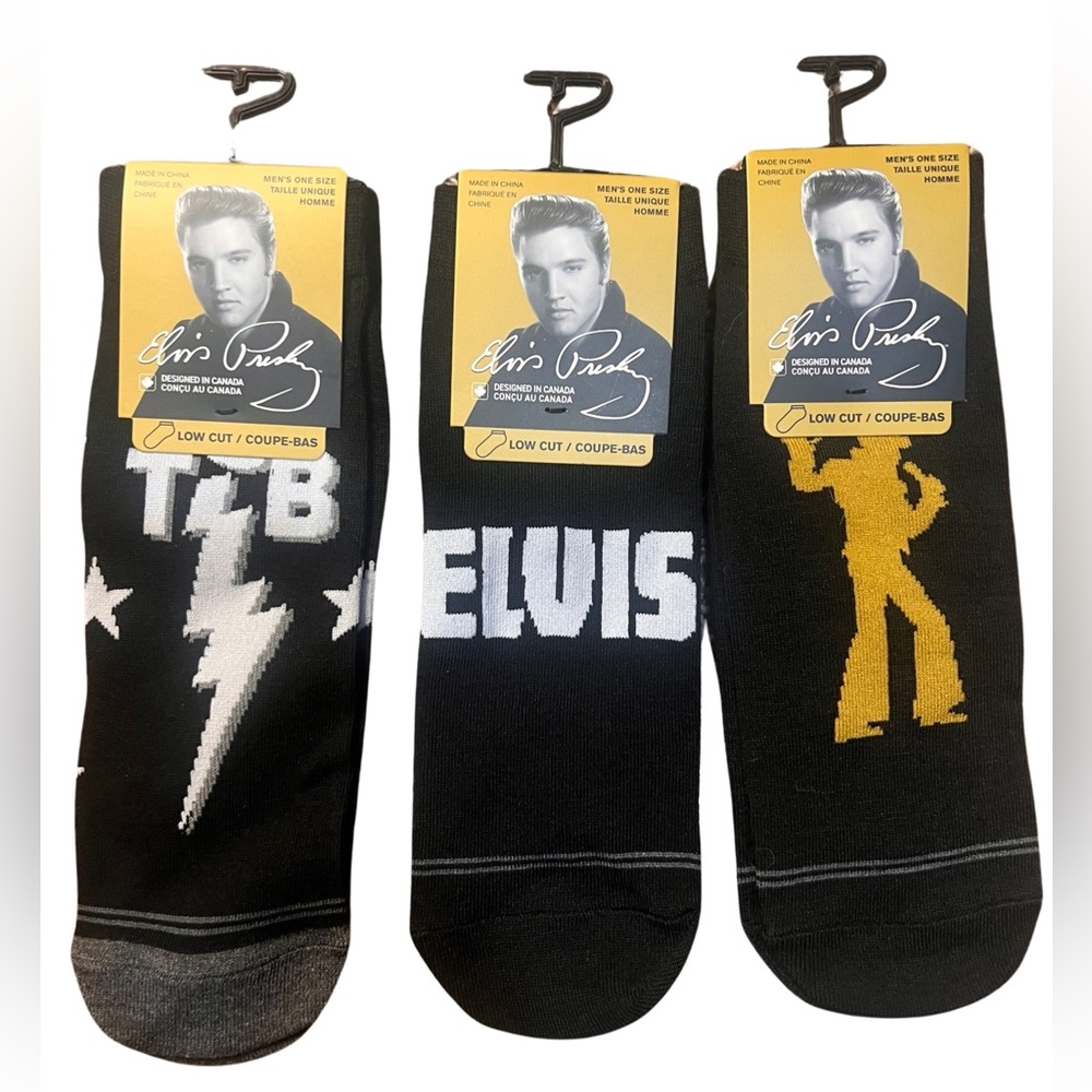 Elvis Presley Socks Set of 3 Black Low Cut Mens Size 7-12 New